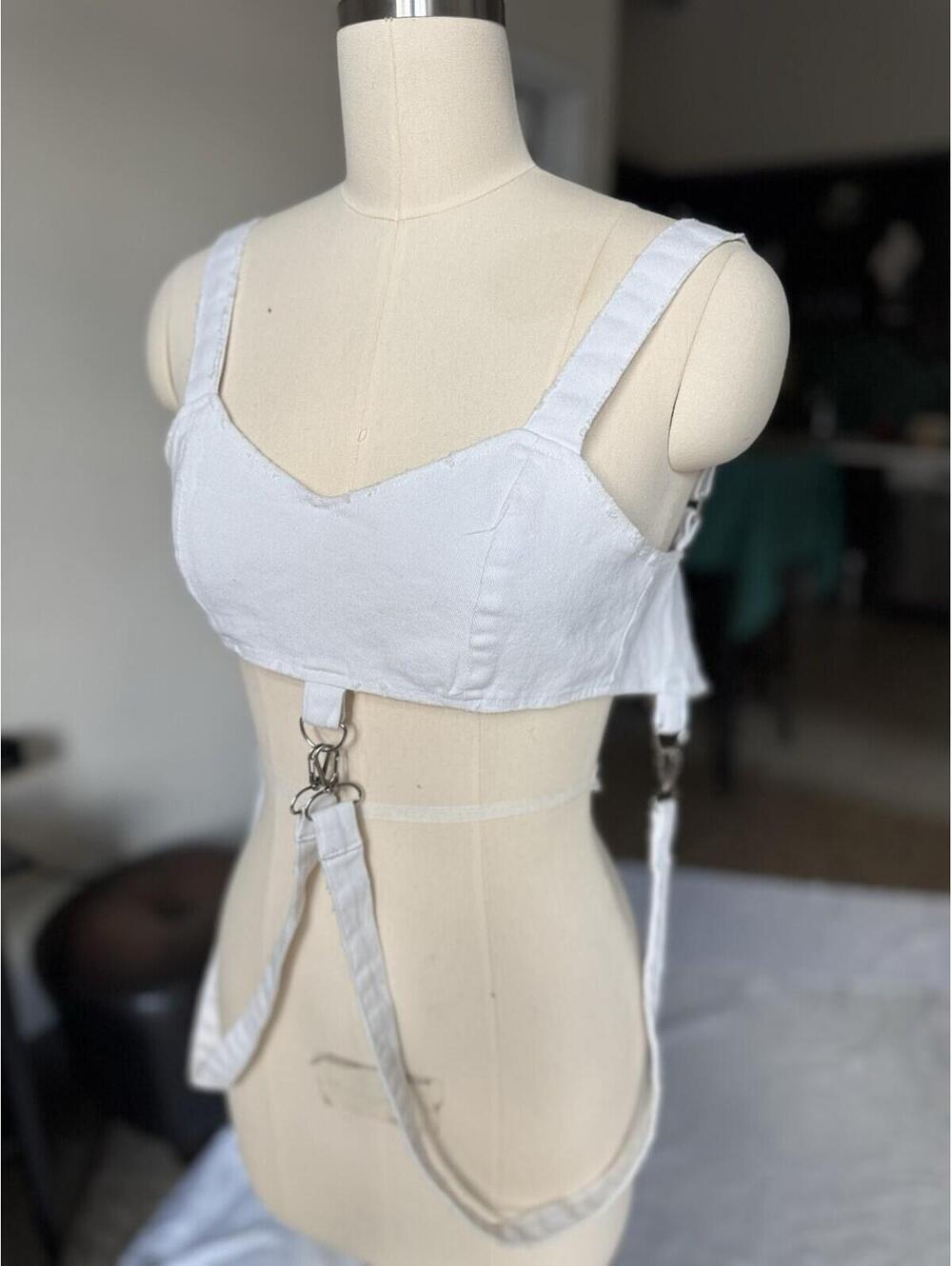 Carmar Denim White Cropped Top Bustier Corset Sz Xs